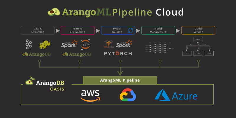 ArangoML Pipeline Cloud graphic showing an example machine learning pipeline